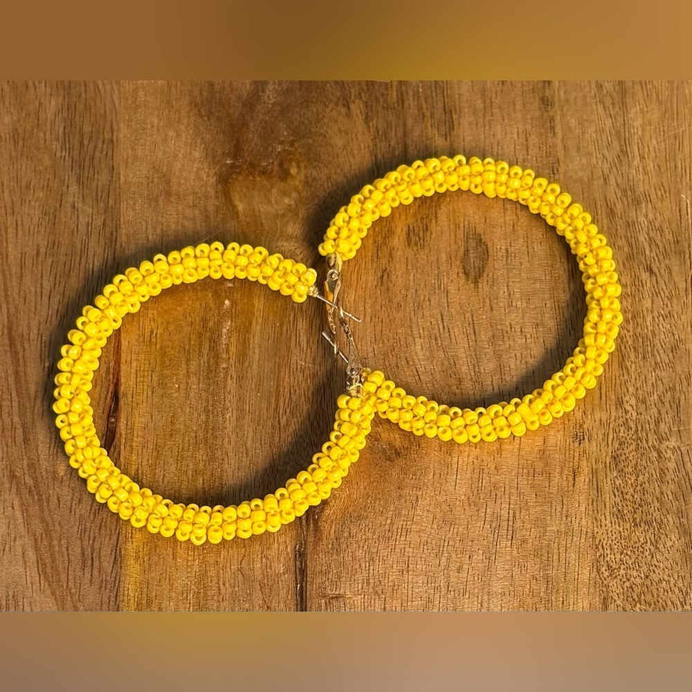 Bright Yellow Seed Bead Hoop Earrings Boho Summer Festival Vibes - Picture 3 of 9